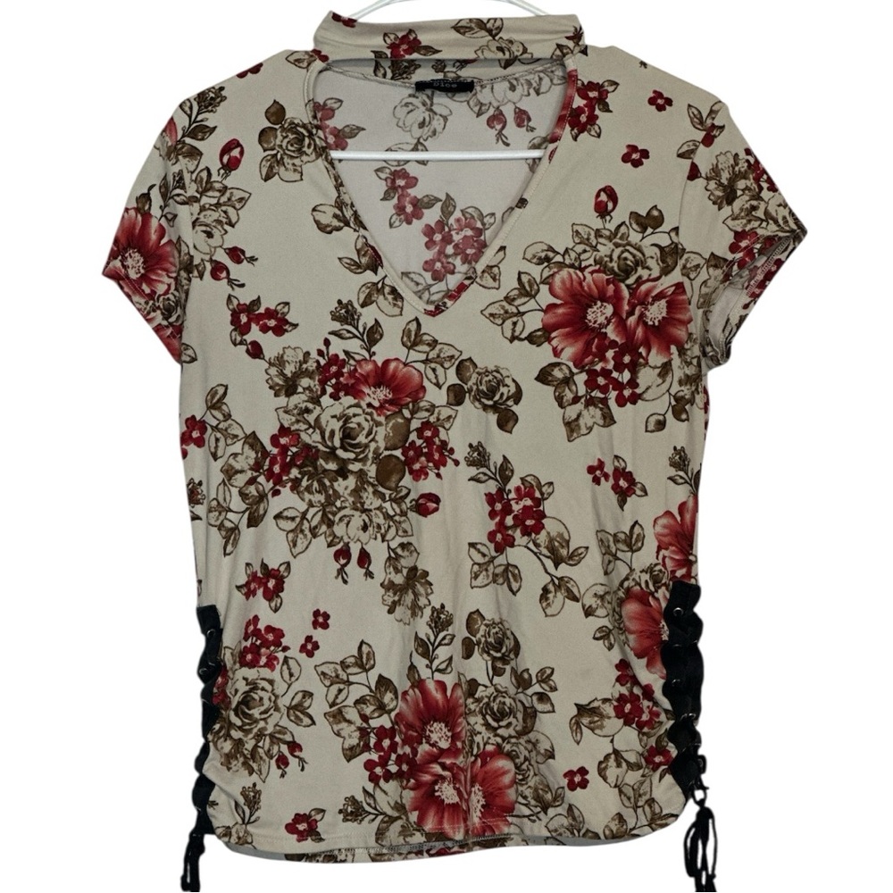 Floral-lace up Side Top with Choker Neckline (Small to Medium)